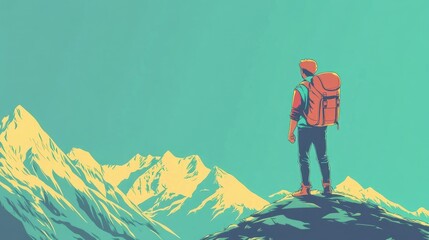 Canvas Print - A hiker stands atop a mountain, gazing at the peaks under a vibrant sky.