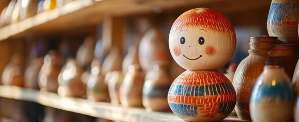 Wall Mural - A colorful wooden doll with a smiling face, surrounded by various handcrafted items on a shelf.