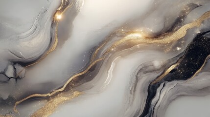  Abstract Grey and Gold Liquid Art Background with Glitter and Metallic Elements