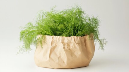 Canvas Print - A paper bag filled with vibrant green herbs or foliage against a neutral background.