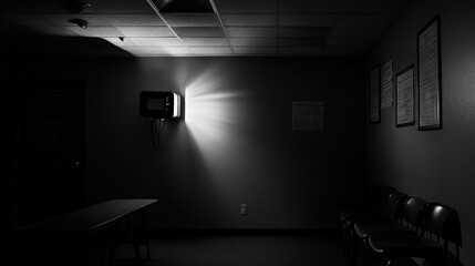 Poster - A dimly lit waiting area featuring a light source and empty chairs.