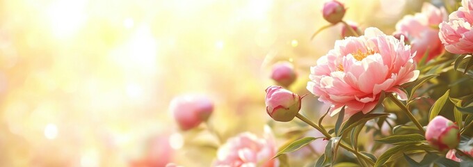 Poster - A serene scene of blooming pink flowers in soft sunlight, evoking tranquility and beauty.