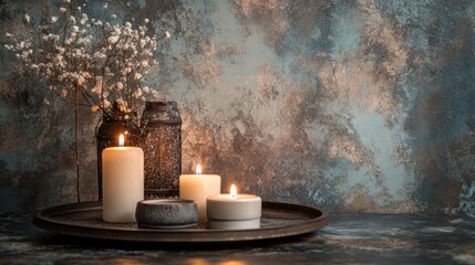 Wall Mural - A serene arrangement of candles and dried flowers on a textured surface.