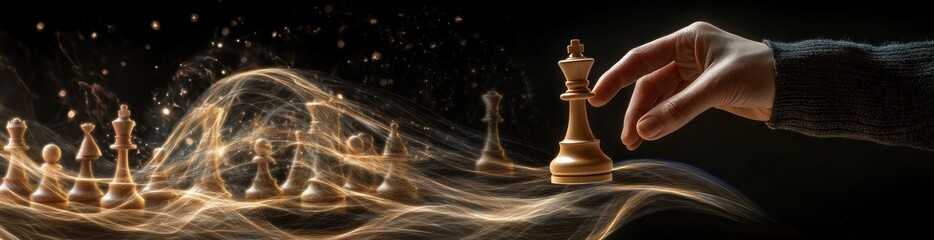 Canvas Print - A hand moves a chess piece amidst swirling light, symbolizing strategy and intellect.