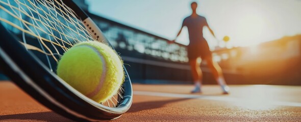 Sticker - A tennis scene featuring a racket and ball, highlighting a player in action on the court.