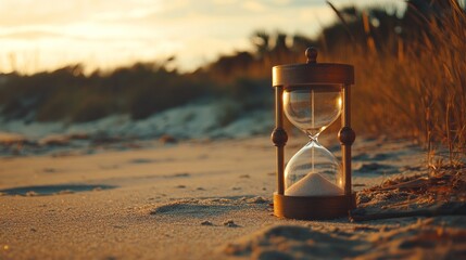 Canvas Print - An hourglass resting on a sandy beach at sunset, symbolizing the passage of time.