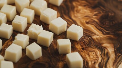 Poster - A close-up of small, white cubes on a wooden surface, likely food items for cooking or baking.