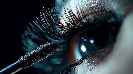 A close-up of an eye being enhanced with mascara, showcasing long, dark eyelashes and a shimmering eyelid.