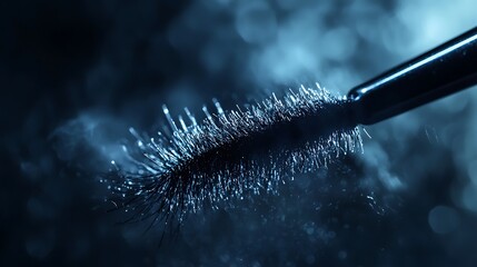 A close-up of a mascara wand with droplets, showcasing a glossy, textured surface against a blurred blue background.