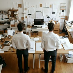 Two individuals in formal attire observe a creative workspace filled with documents.