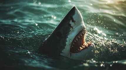 Wall Mural -   A Great White Shark with its mouth open in the water