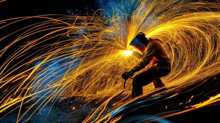 Wall Mural - A welder creates sparks in a dynamic display of light and motion during metalwork.