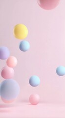 Poster - Vertical video of Floating pastel spheres in playful and whimsical arrangement against soft pink background create joyful atmosphere filled with vibrant colors and delightful decoration.