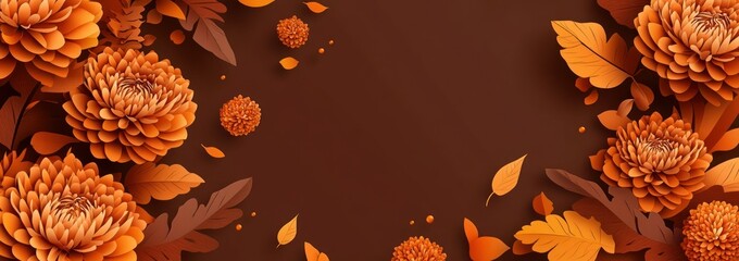 Sticker - A floral design featuring orange flowers and leaves on a brown background.