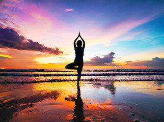 Silhouette of woman practicing yoga on the sunrise beach