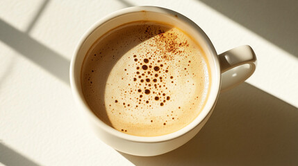 Warm coffee cup with frothy surface resting on a bright table in morning light