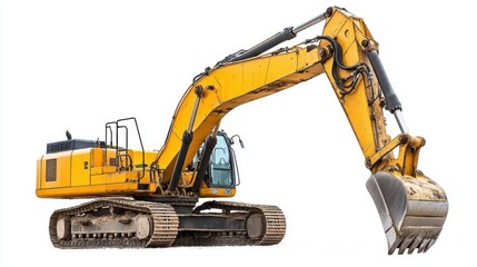 Bright yellow excavator machine, isolated on a white backdrop, focusing on its large mechanical arm and industrial capability