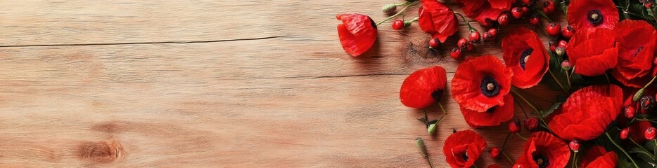 Wall Mural - A vibrant arrangement of red poppies on a wooden surface, evoking beauty and nature.