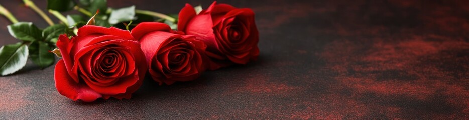 Wall Mural - Three red roses arranged elegantly on a dark textured surface.