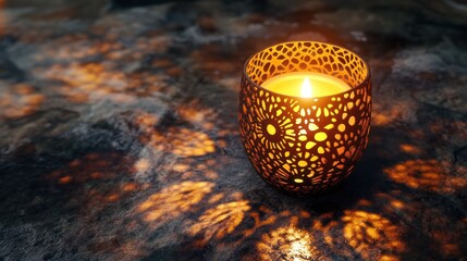 Wall Mural - A decorative candle emits warm light, casting intricate shadows on a surface.