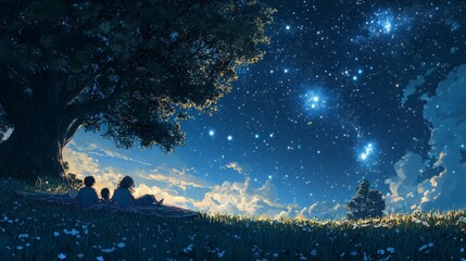 Summer night sky, sparkling stars above, family gathered on a blanket, enjoying the warmth of grass, embracing tranquility and togetherness