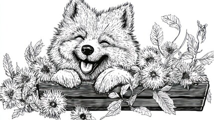 Canvas Print - A cheerful dog surrounded by flowers in a wooden planter, exuding joy and warmth.