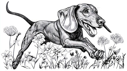 Canvas Print - A playful dog runs through a field of flowers, capturing joy and movement in nature.