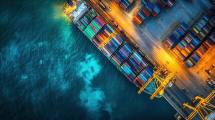 Wall Mural - Aerial view of a busy shipping port with colorful containers and cranes by the water.