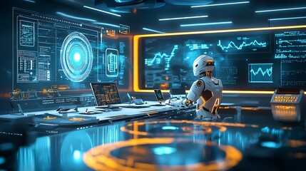 Poster - Futuristic robot in a high-tech control room, dark isolated setting