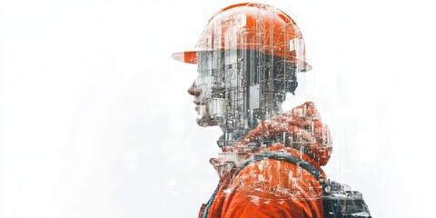 double exposure photo of construction worker, blueprints and construction background on white 