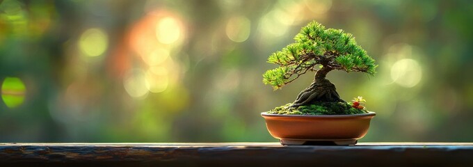 Sticker - A serene bonsai tree displayed on a wooden surface, surrounded by a blurred natural background.