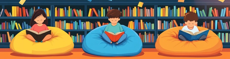 Poster - Three children reading books on colorful bean bags in a library setting.