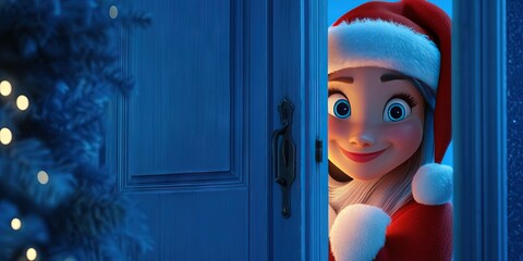 Wall Mural - female Santa Claus peeking from behind the door, blue Christmas background