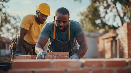 Poster - Two workers laying bricks on a construction site, focused on building a structure.