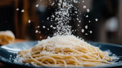 Canvas Print - A plate of spaghetti topped with grated cheese, capturing a culinary moment.