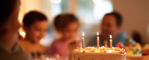 Wall Mural - A birthday celebration with a cake and candles, surrounded by children and adults enjoying the moment.