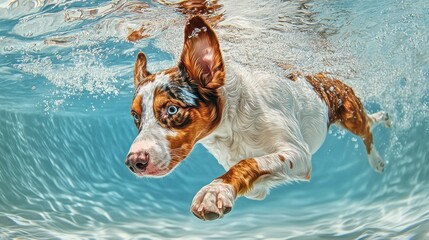 Wall Mural - A dog swimming underwater, showcasing its playful nature and agility.