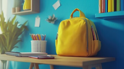 Poster - A bright yellow backpack sits on a desk beside stationery and plants in a vibrant room.