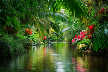 A lush tropical river surrounded by dense jungle vegetation. Tall palms and vines hang over the river, and exotic flowers bloom in vibrant colors. The water is slow-moving, clear, and glistening under