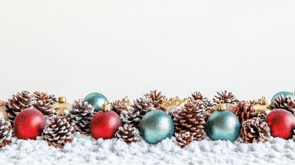 Poster - A festive arrangement of Christmas ornaments and pinecones on a snowy surface.