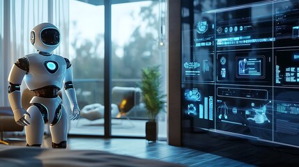 Robot standing in a modern smart home interior.