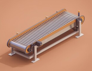 3D conveyor belt with roller wheels and a metal frame sits on a platform