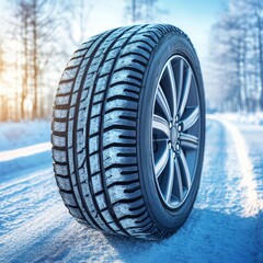 Wall Mural - Close-up of Winter Car Tire on Snowy Road, Emphasizing Safety and Traction in Winter Conditions