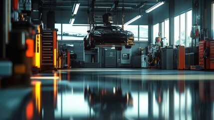 A car lifted in a service bay, with a bright garage floor and polished equipment reflecting light