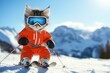 © miss irine - Cute cat wearing vibrant orange ski suit and goggles rides skis down snowy mountain. Cat holds ski poles in paws, positioned on mountain slope with snow-covered trees in background.