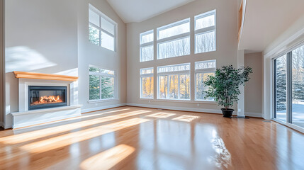 Wall Mural - Open concept living room with a fireplace, hardwood floors, and large windows offering natural light.