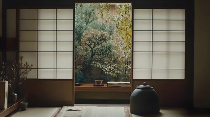 Serene and Peaceful Traditional Japanese House with Tea Room Shoji Screens and Natural Wooden Beams in Tranquil Isolated Setting