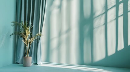 3. An inviting office space with a pastel turquoise blue-green empty wall adorned with soft colored silk curtains, offering a clean and modern mock-up template for product display