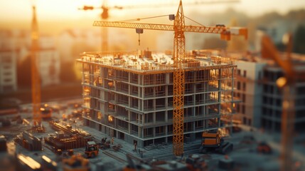 a 3d rendering of a building under construction with cranes and other construction equipment, fully built buildings, construction site, construction yard, complex 3d render.