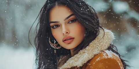 fashionable latino model wearing stylish clothing winter snow background